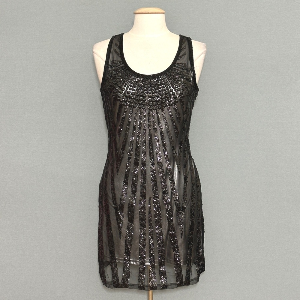 Verty Womens Dress L Black Silver Lined Sequin Beaded Art Deco Glam Metallic